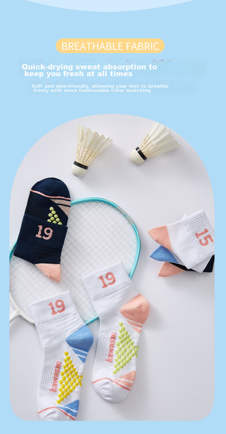KAWASAKI Badminton Socks, Socks with Towel Bottom, Sports Short Socks 6208, Pink Blue (Three Pairs), One Size Fits All 3