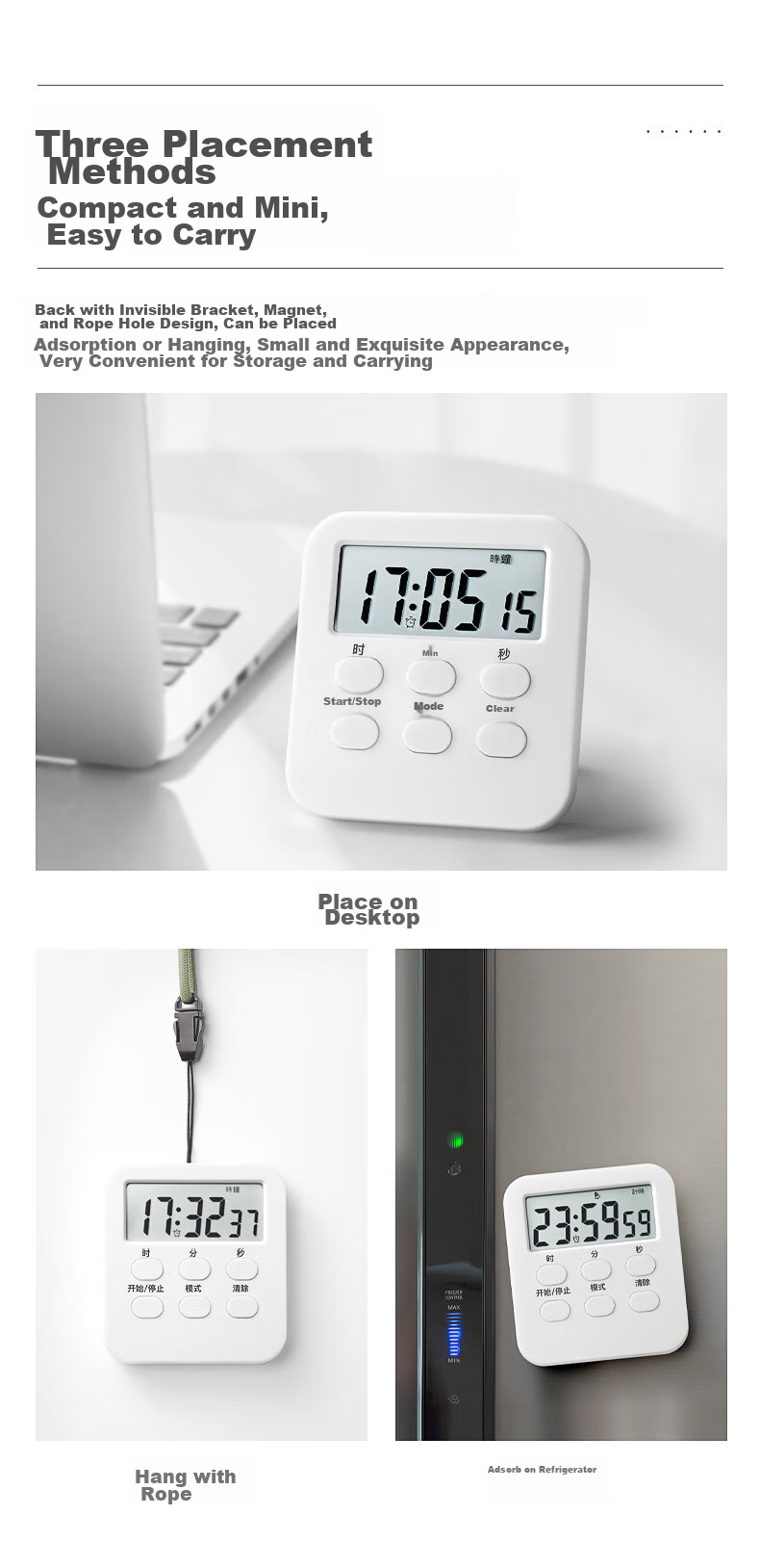 GEDUN Stopwatch Timer Alarm Clock, Kitchen Baking Soup Timer, Clock Reminder for Students, White 8