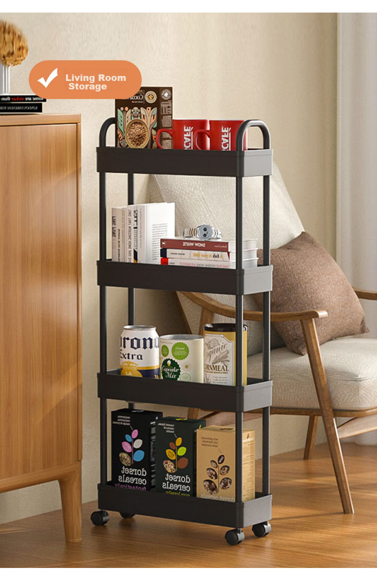Ourunzhe Narrow Storage Rack, Kitchen Organizer Shelf, Slim Gap Trolley, Living Room And Bathroom Crevice Storage Shelf, Four-Tier with Handle 7