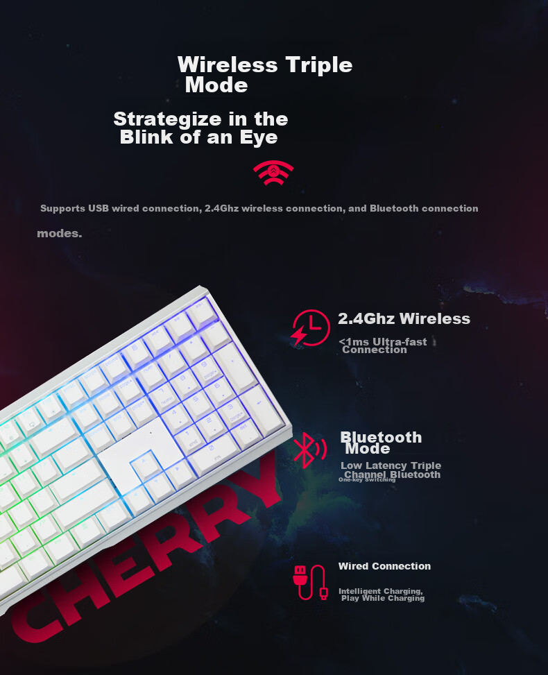 CHERRY MX3.0S Wireless Keyboard, Mechanical Keyboard with 108 Keys, Office And Gaming Keyboard with Bluetooth Triple-Mode, RGB Lighting Effects, Aluminum Alloy Shell, Compatible with Windows/Mac 6