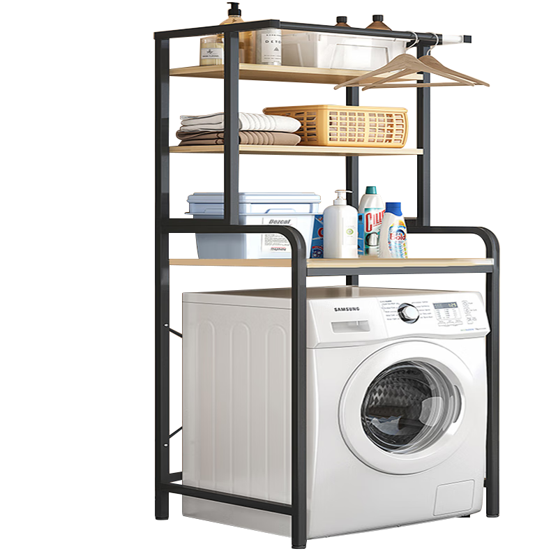 TANGJI Washing Machine Storage Rack, Bathroom Balcony Floor-Standing Storage Shelf, Household Bathroom Supplies Organizer, Black Three-Tier