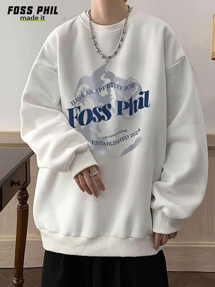 Foss Phil Men's Sweatshirt, Spring And Autumn Fashion Brand, Round Neck Printed Oversized Casual Long-Sleeve Undershirt, FPW1 Black L 2