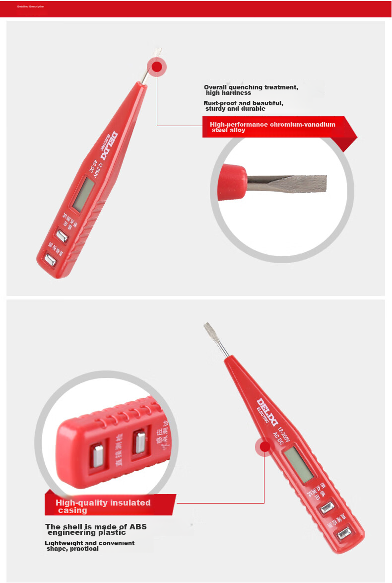 DELIXI ELECTRIC Digital Display Voltage Tester, Multifunctional Induction Electrician Voltage Tester with Wire Inspection And Lighting Function, 12-250V 5