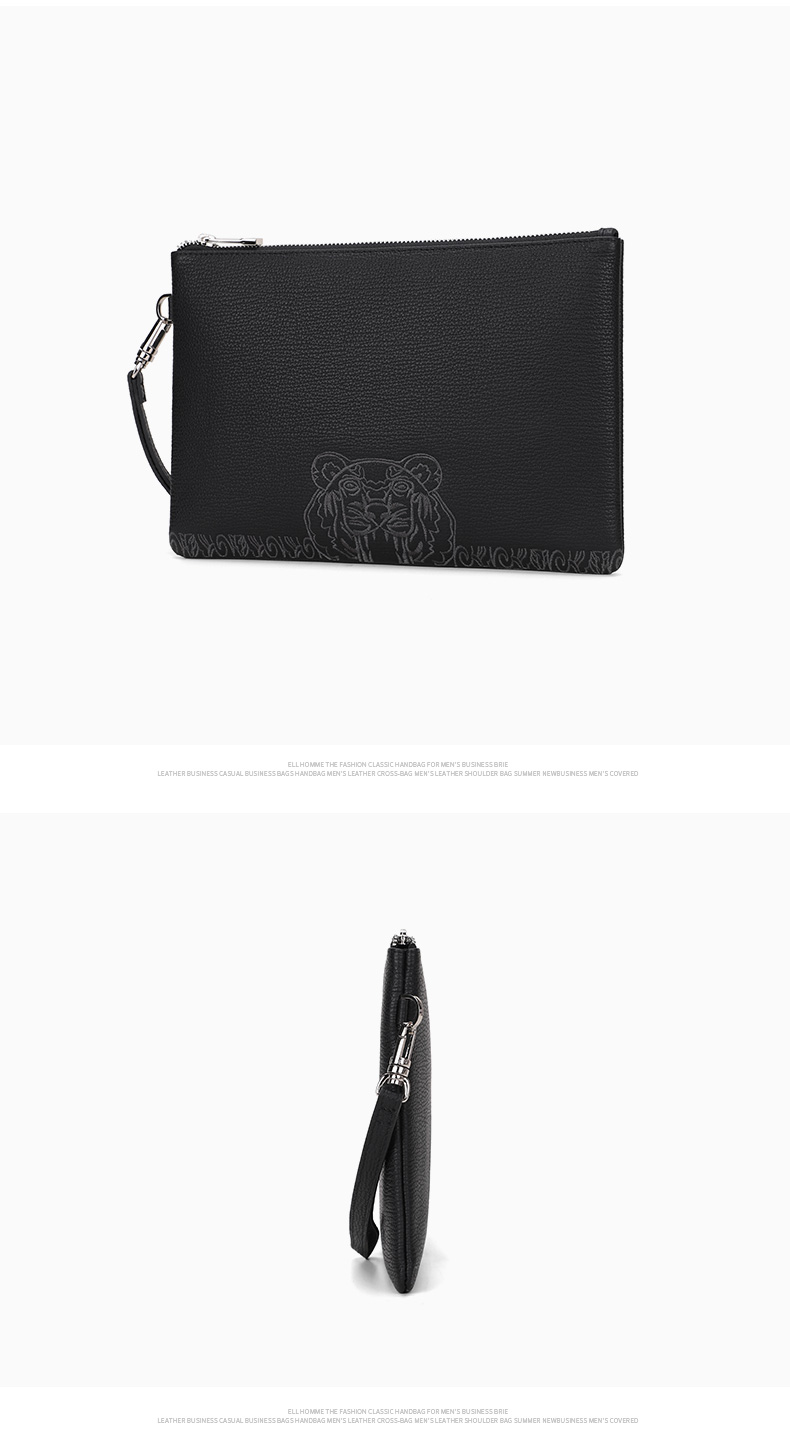 ELLE HOMME Business Boutique Same Style Clutch Bag, Men's Top-Grain Leather Handbag, Tiger Head Embroidery Large Capacity Casual Handbag Envelope Bag EB058701401 Black, Birthday Gift for Boyfriend 10
