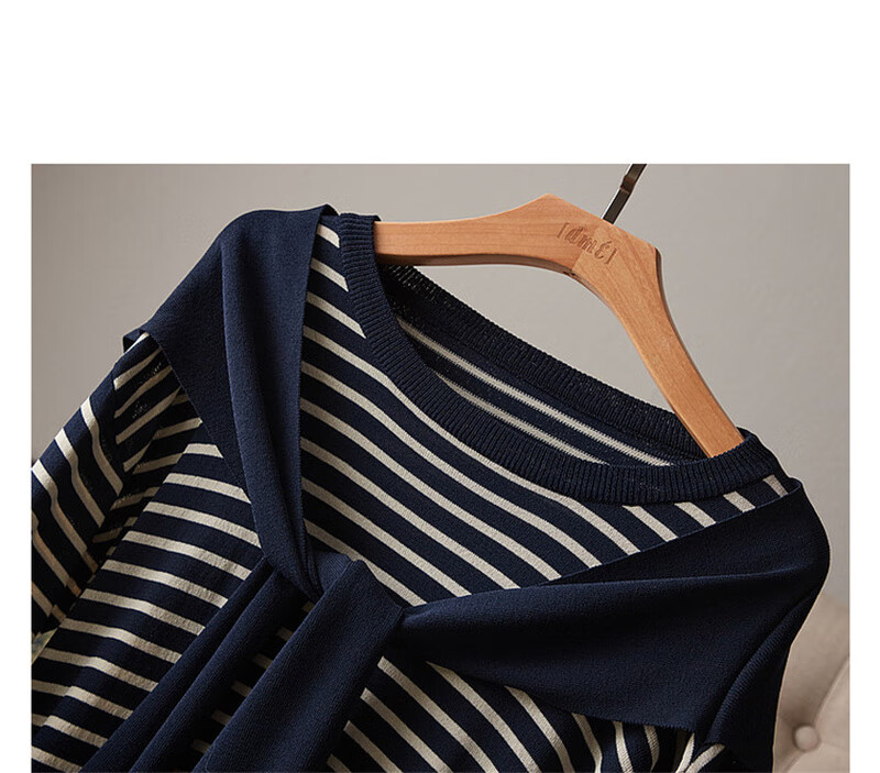 Dme [French Knit Sweater] Spring And Autumn Round Neck Double Curved Striped Contrasting Color Women's Knit Sweater, Off-White, XL 18