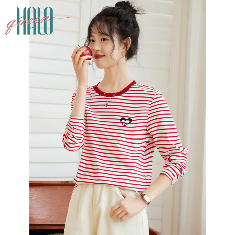 Halo Queen Long-Sleeve T-Shirt for Women, Spring And Autumn Round Neck, Heart Embroidery Striped Base Shirt, Casual Fashion Top, New Product H143T2005