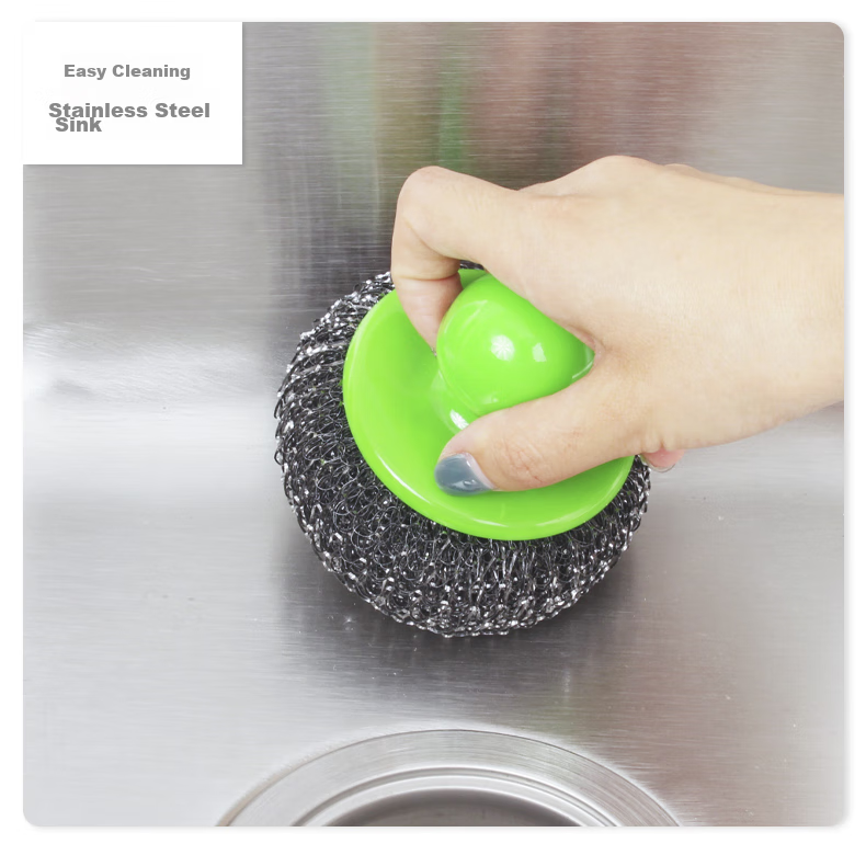 Fuaijia Long Handle Pot Scrubber, Steel Wool Cleaning Ball, Replaceable Steel Wire Ball, Pot Washing Brush Tool, 1 Handle with 6 Brush Heads 6