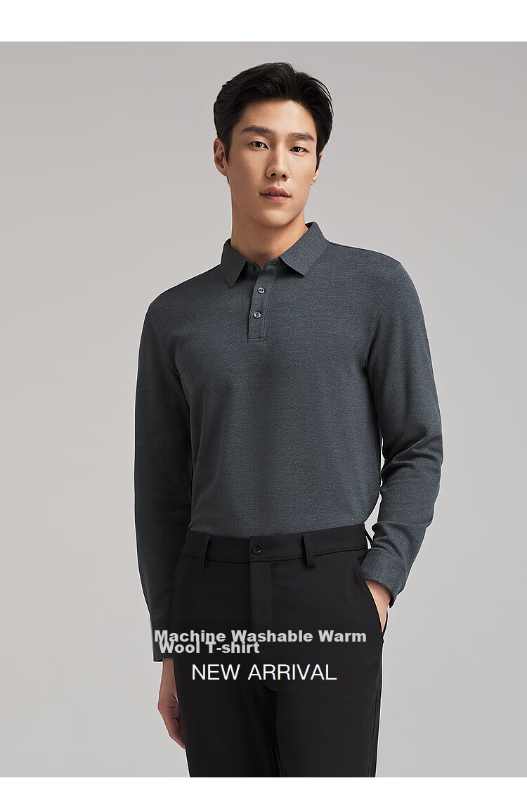 YOUNGOR [Machine Washable Wool] Heat-Retaining Men's Autumn Winter Long-Sleeve Wool Lapel Polo Shirt, Navy Blue, L 2