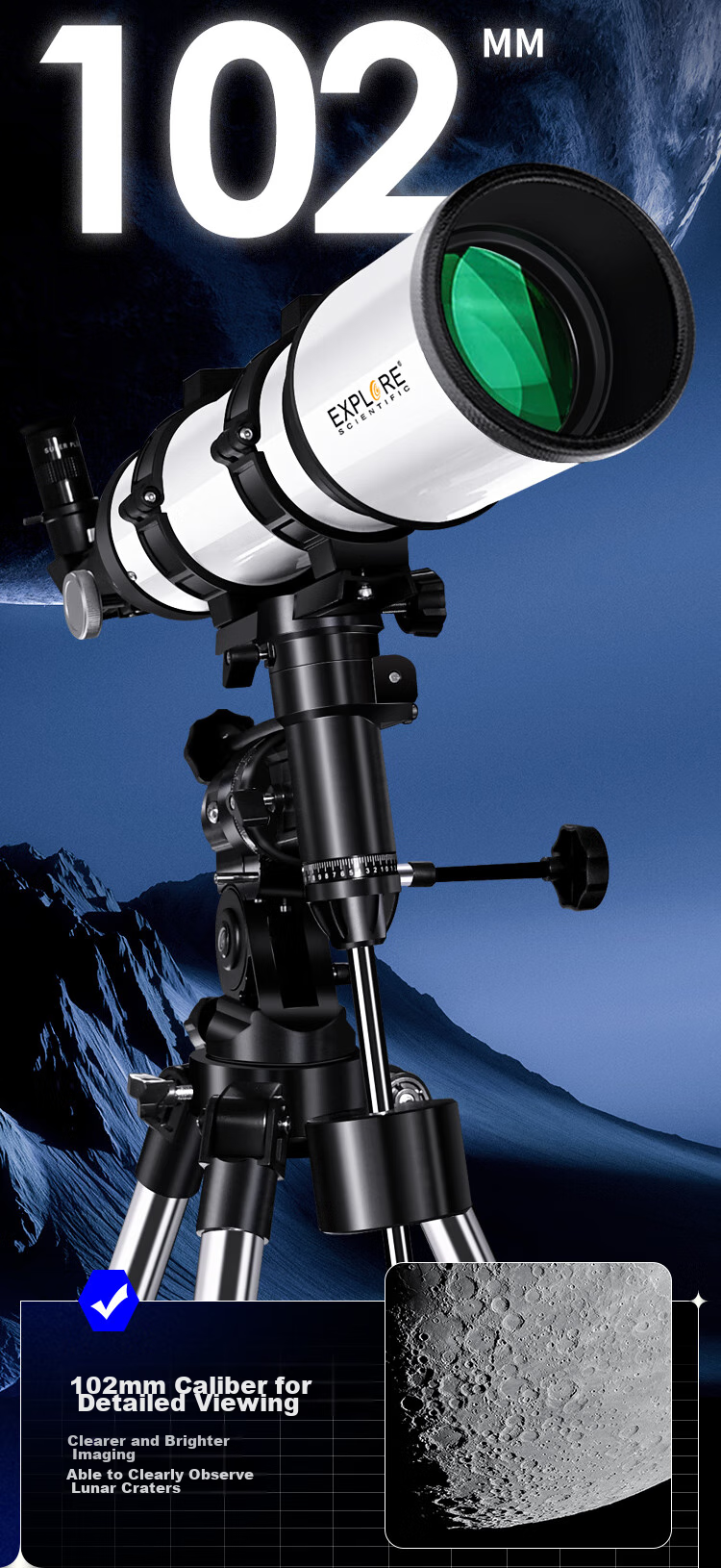 EXPLORE SCIENTIFIC Astronomical Telescope for Deep Space Stargazing, High Definition, High Magnification 10000x, Space Student Telescope 102eq 9