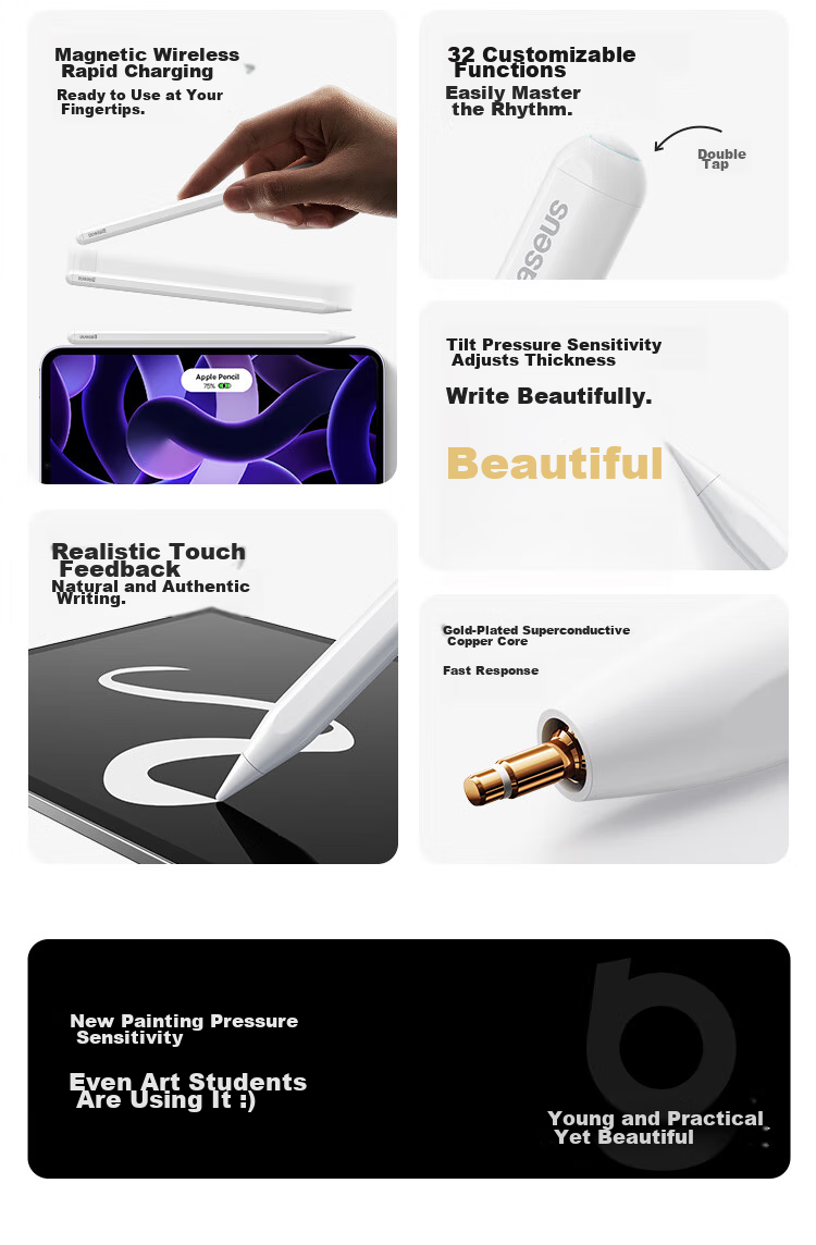 BASEUS Capacitive Stylus for IPad, Touch Pen [Magnetic Bluetooth Premium] Compatible with IPad Pro/Air8/Mini7/iPad11 Tablet Touch Screen Writing Stylus Apple Pencil Pro 8