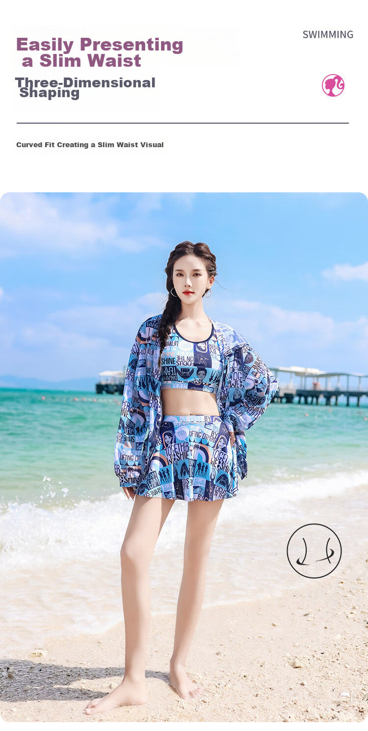 Barbie Women's Three-Piece Swimsuit Set: Conservative Fashion Printed Boyshorts, Tummy Control, Slimming, Small Chest, Beach Vacation Swimwear 6