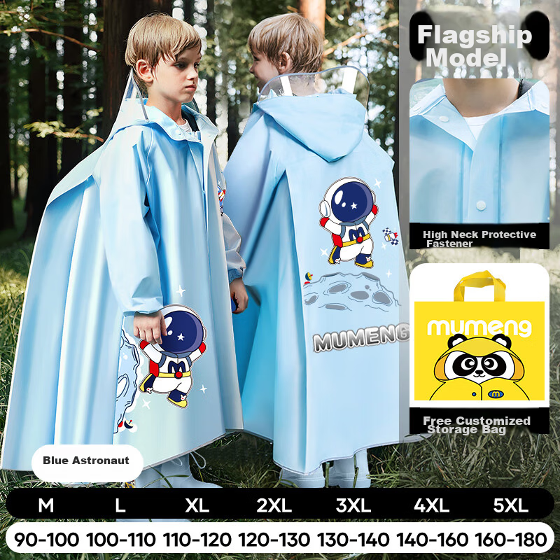 Moremerry Children's Raincoat with Backpack Space for Boys And Girls, Extended Full-Body Student Poncho, Blue Astronaut Design, Size 2XL