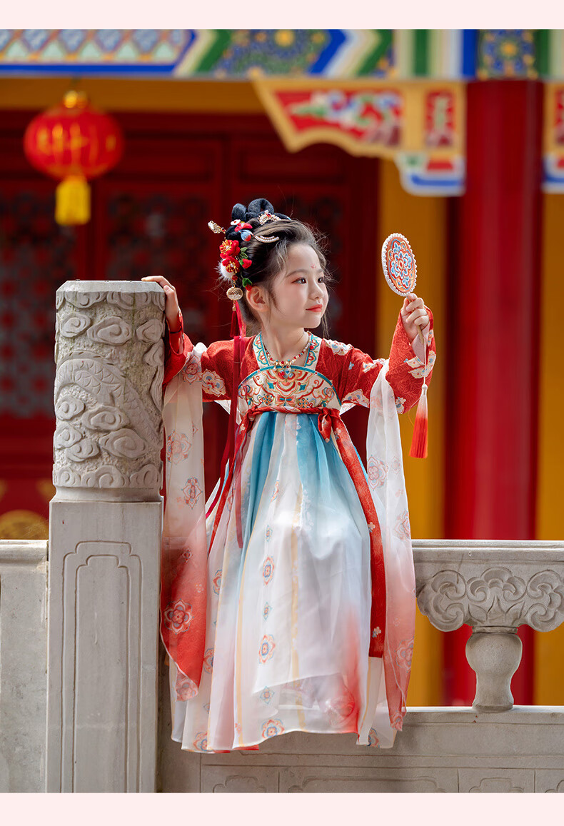 Menghu Yaoguang Hanfu Girls' Traditional Chinese Style Spring and Autumn New Children's Ruqun Dress Red 120cm 14