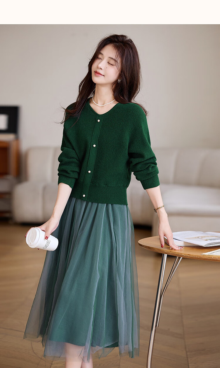 DME Ballet Style Set Spring Autumn Round Neck High Elastic Knit Sweater Mesh Slip Dress Flowing Two-Piece Set Women Black L 7