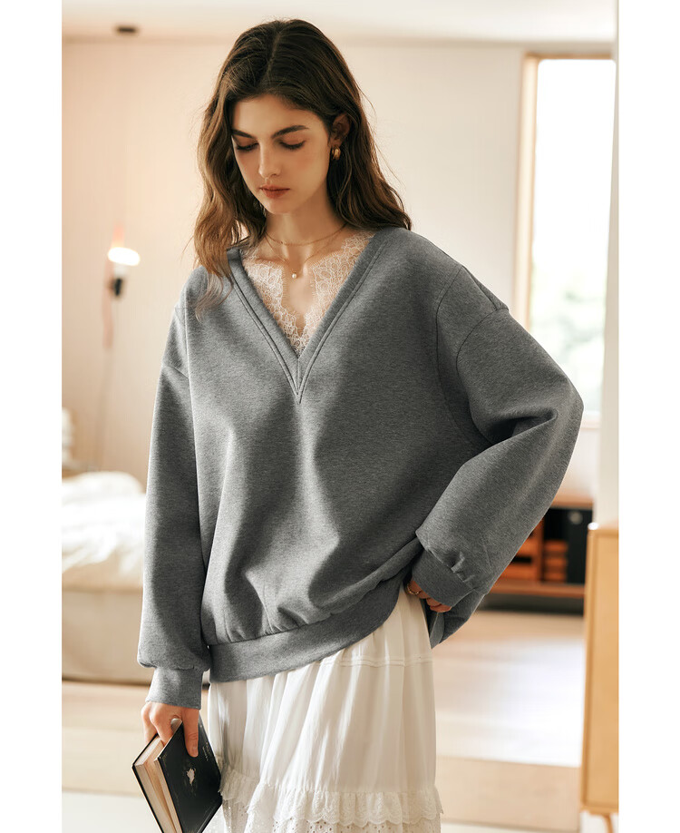 Oulain French V-Neck Sweatshirt for Women, Spring New Style Distinctive Lace Casual Pullover Top, High Gray, Size S 15