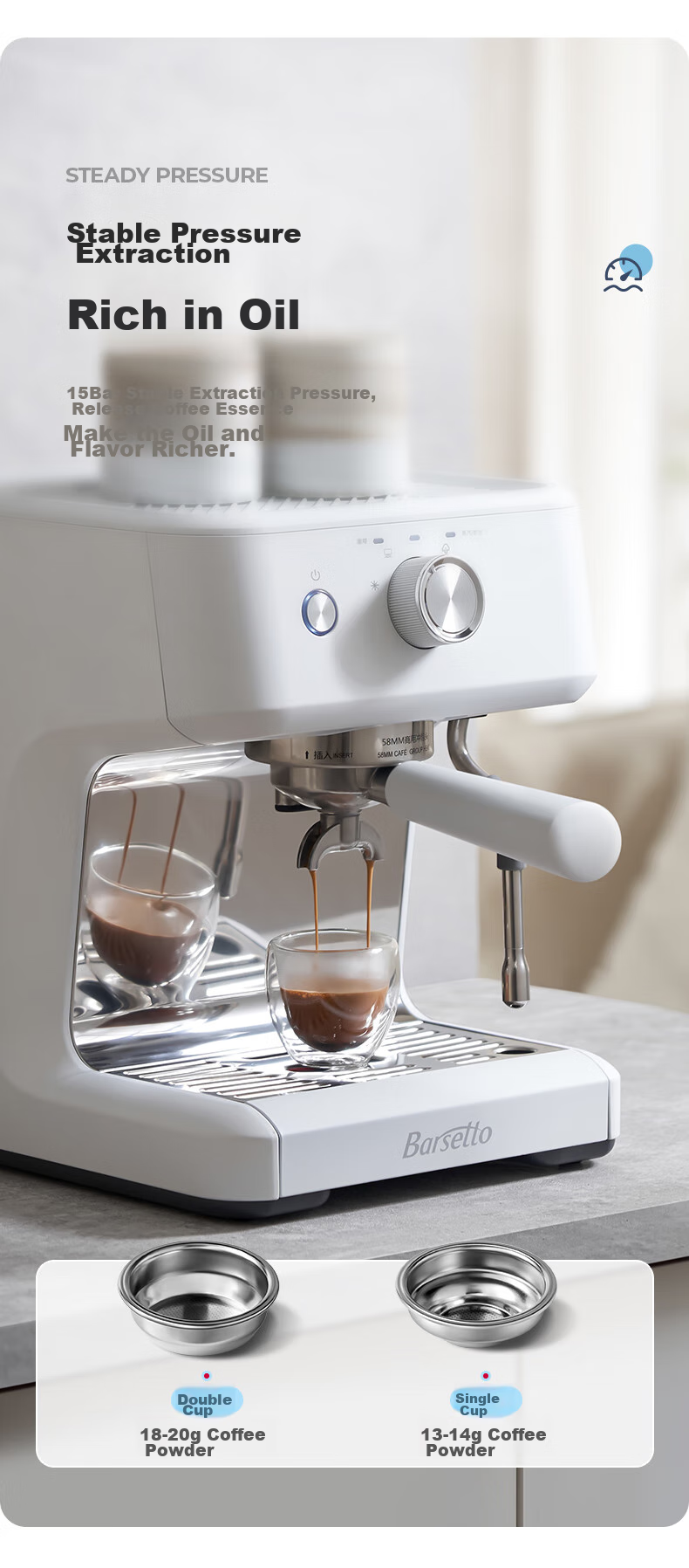 Barsetto [30-Day Price Protection] Italian Semi-Automatic Home Cold Brew Coffee Machine with Temperature Control, Pump Pressure Extraction, Detachable Design, Hot And Cold Dual Extraction, Compact All-In Grinder BAE-M2C White 11