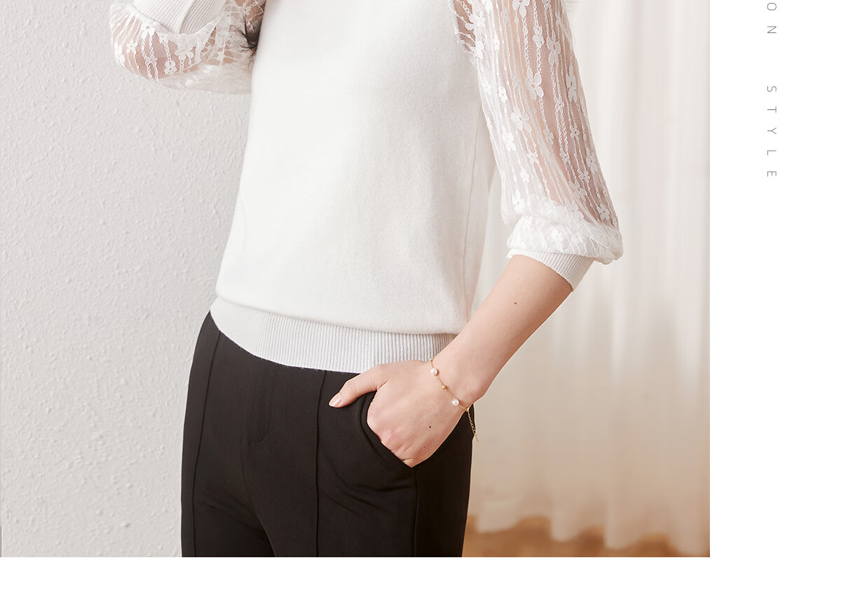Chushen Thin Knit Sweater for Women, Fashionable Round Neck Elegant Lace Long-Sleeve Base Shirt Top S141Z3740 11