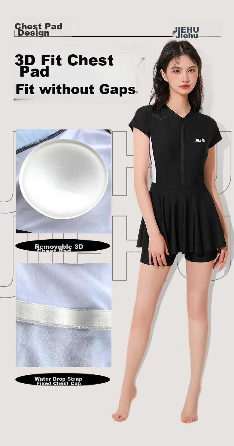 Jiehu One-Piece Swimsuit Dress for Women, Conservative Swimwear for Hot Springs And Swimming, Tummy Control Slimming Chlorine-Resistant Quick-Dry Swimsuit, Black And White, Size M 8