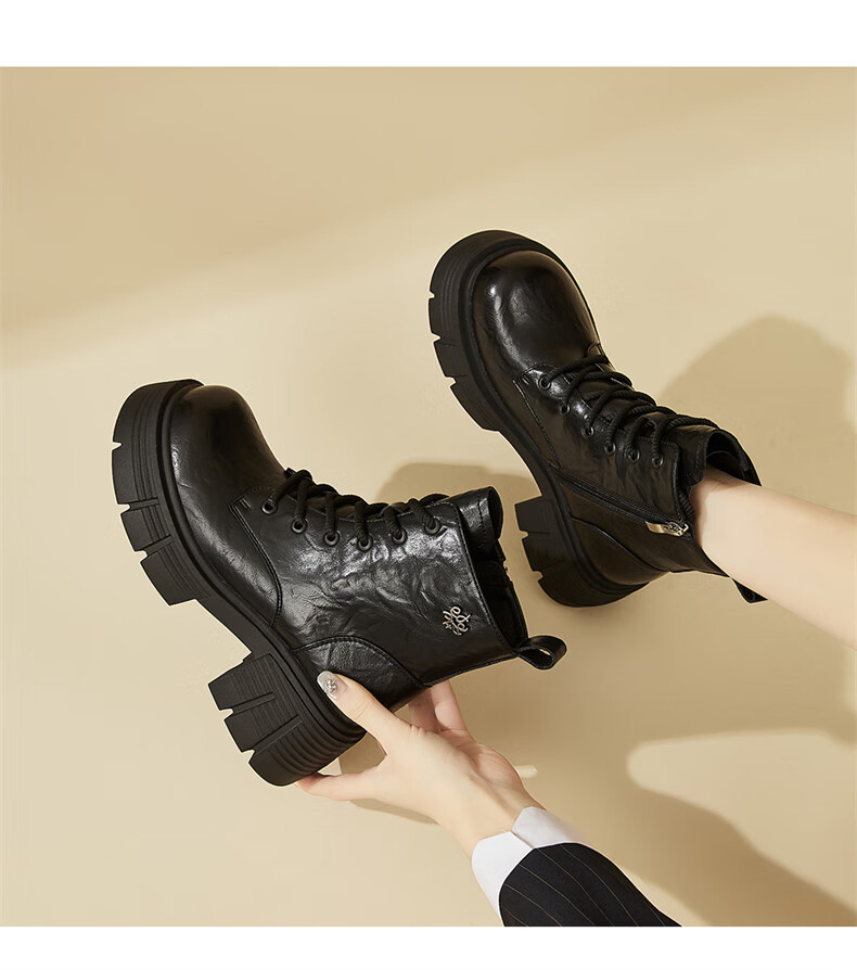DAPHNE Thick-Soled Women's Martin Boots, Winter British Style Versatile Fleece-Lined Ankle Boots, Fashion Boots for Women, Black, Size 35 9