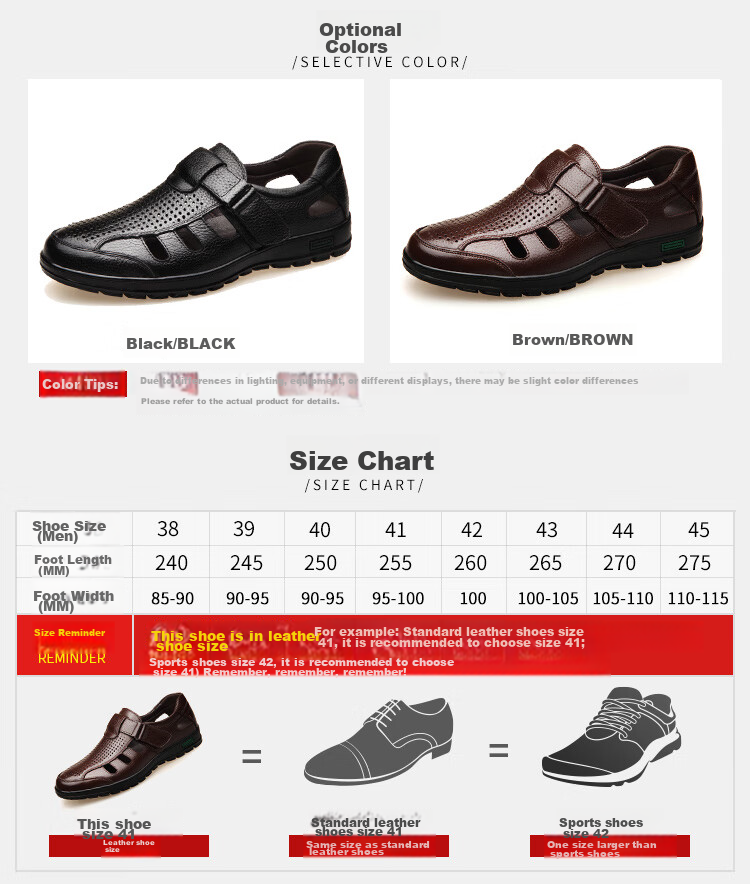 EGCHI Men's Sandals, Hollow-Out Slip-On, Top-Grain Leather, Velcro Casual Leather Sandals, J8838, Black, Size 39 8