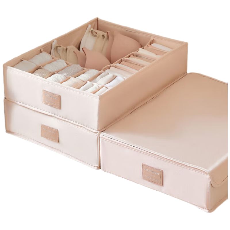 EACHY Underwear Storage Box, Socks Organizer, Home Fabric Underwear Drawer Three-In Storage, Almond Powder Color, Lidless Versio