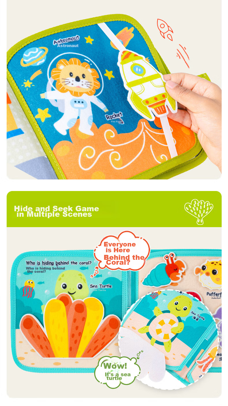 Jollybaby Tear-Resistant Book, Baby-Safe Chewable Cloth Book with Velcro, Early Education Children's Gift, Ocean Treasure 11