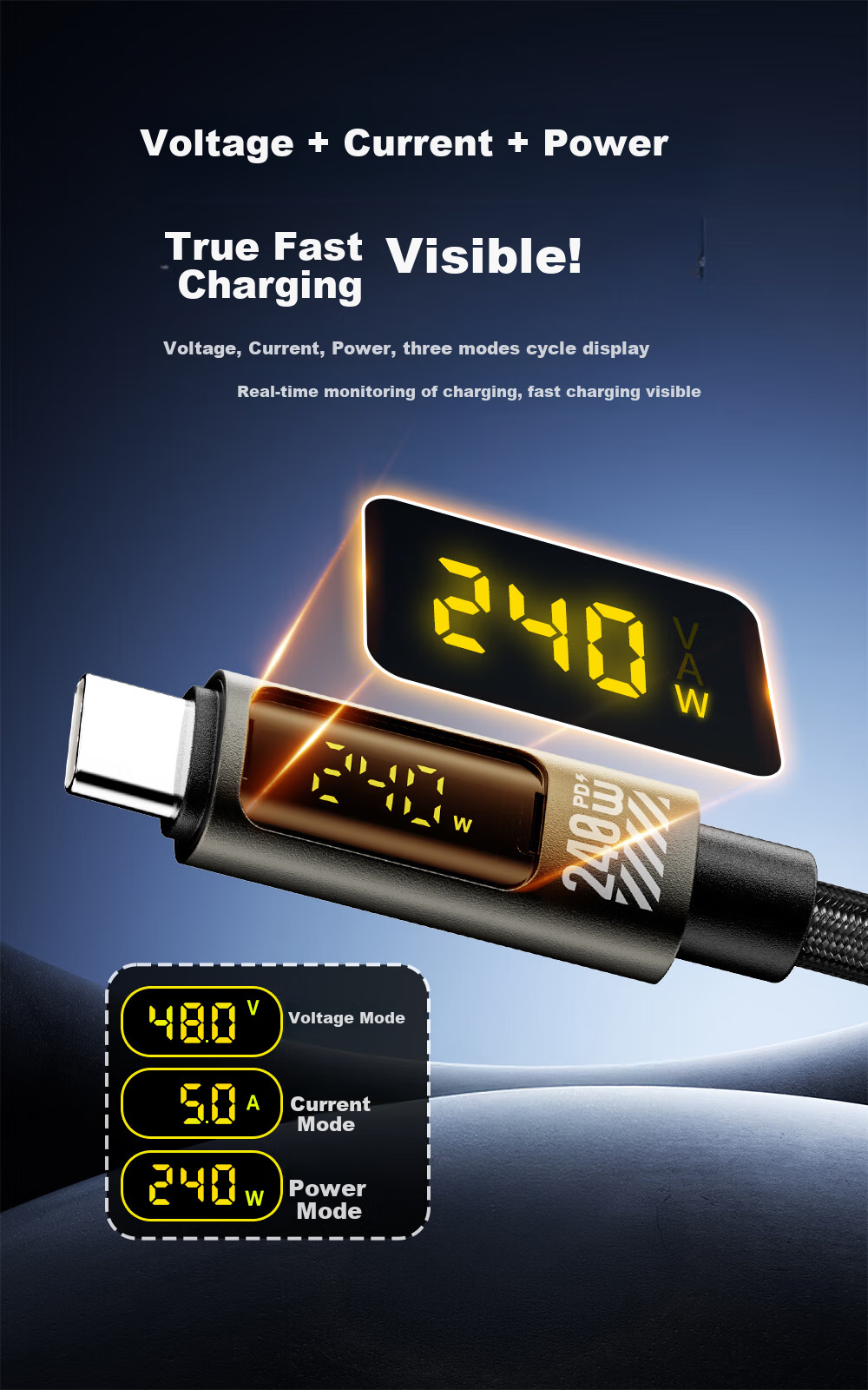 Beimo Magnetic Display Charging Cable, 240W Fast Charging Type-C Data Cable, Suitable for IPhone 18/17 Pro Max, Apple/Huawei/Xiaomi Phones, IPad/laptops, 1 Meter Black 4