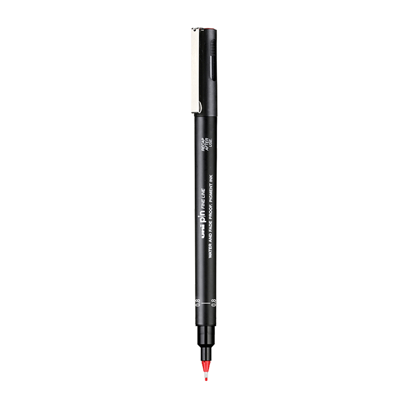 Uni Mitsubishi 0.8mm Water-Based Drawing Needle Pen, PIN-200 Art Design Outlining Pen, Black Barrel with Red Tip, Single Pe