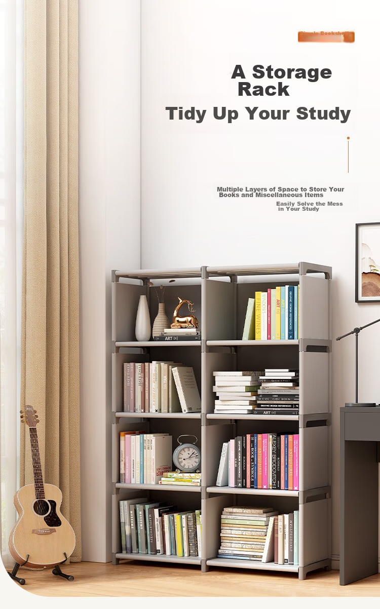 Anerya Simple Bookshelf Floor-Standing Side Table Storage Rack Large Capacity Bookcase with Double Rows of 8 Shelves, Silver Gray Color 1