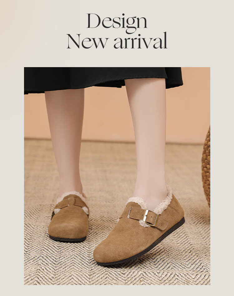 Daphne Birkenstock Women's 2023 Autumn Winter Simple Versatile Closed-Toe Slip-On Fleece-Lined Soft Sole Retro Flats Khaki Size 36 3