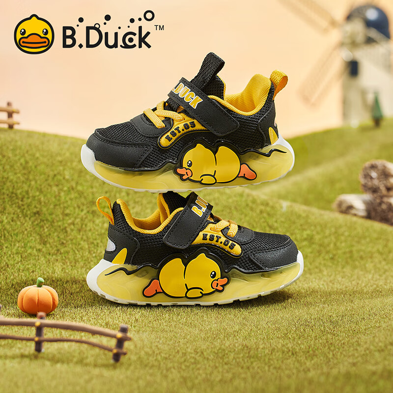B.Duck Children's Sports Shoes, Boys And Girls Autumn Wear-Resistant Shock-Absorbing Lightweight Baby Shoes, 3901 Black, Size 26
