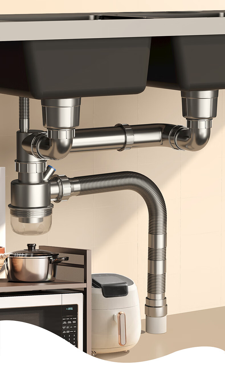 DU PONT Kitchen Sink Drain Pipe Fittings, Sink Drain Assembly, Double Sink Drainage System, Pipe Set for Washing Dishes And Vegetables, PJ022 2