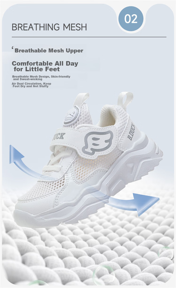 B.Duck Children's Mesh Sneakers, Summer Sports Shoes for Boys And Girls, Breathable White Shoes for Students, Model 3073, White And Pink, Size 26 8