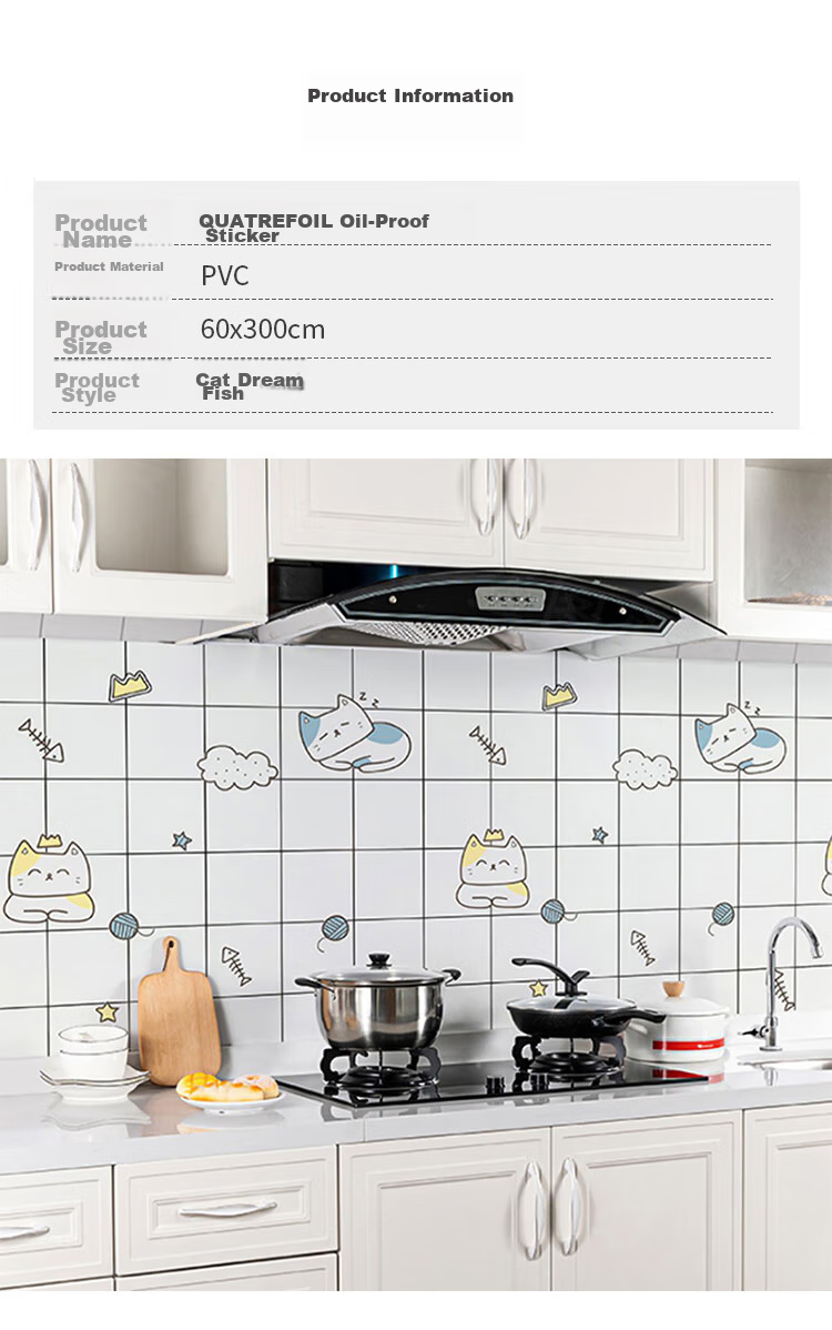 Quatrefoil Kitchen Sticker, Oil-Proof And Waterproof, Self-Adhesive, Stove Cabinet Decal, 60*300cm, Cat Dream Fish Patter 5