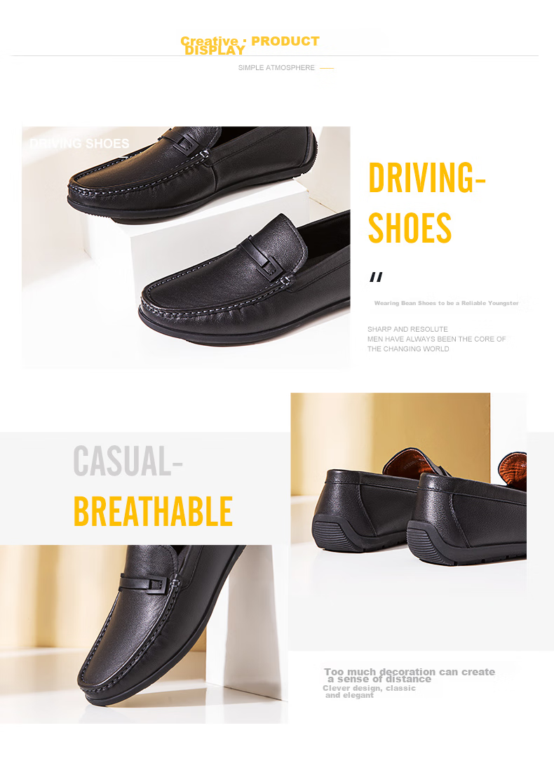 Aokang Business Casual Leather Shoes, Comfortable Soft Sole Driving Shoes, Low-Top Slip-On Loafers, Lazy Slip-Ons, Black, Size 39 8
