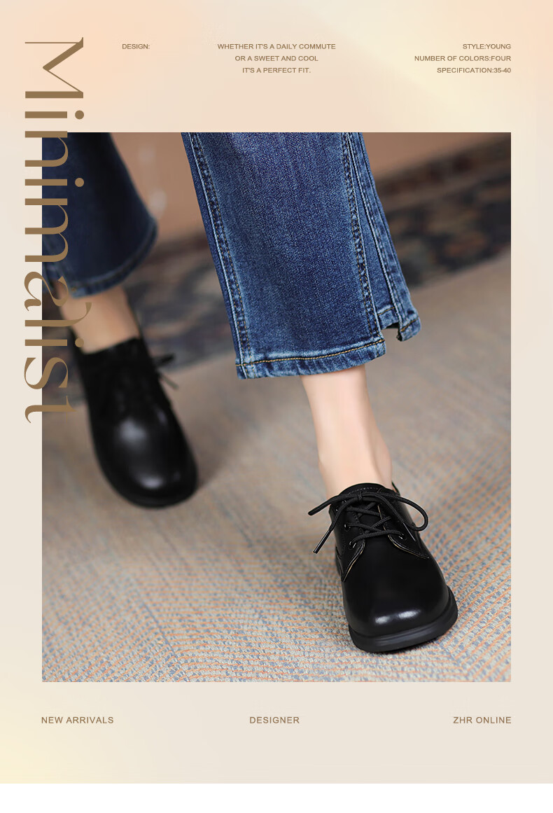 ZHR British Style Women's Leather Shoes with Round Toe And Lace-Up, Genuine Leather Chunky Heel Pumps AY127 Black Size 37 1