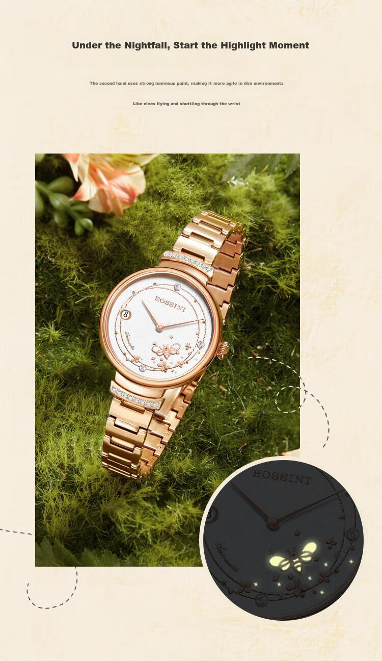 ROSSINI Women's Automatic Mechanical Watch with White Dial And Steel Strap, Birthday Gift for Girlfriend, Chinese Brand, Water-Resistant, Luminous 9