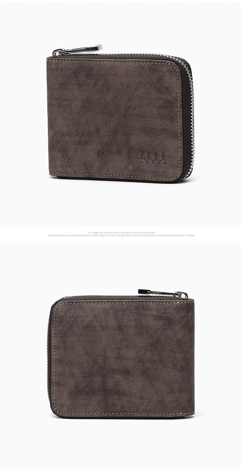 ELLE HOMME Men's Fashionable Short Wallet, Top-Grain Leather Zipper Coin Purse 4426 Brown, Birthday Gift for Me 7