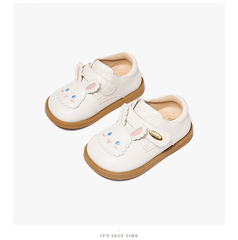Snoffy Girls' Leather Shoes, Autumn Baby Walking Shoes, Princess Shoes, Cute Little Rabbit Soft-Soled Flats, Angola White, Size 24 16
