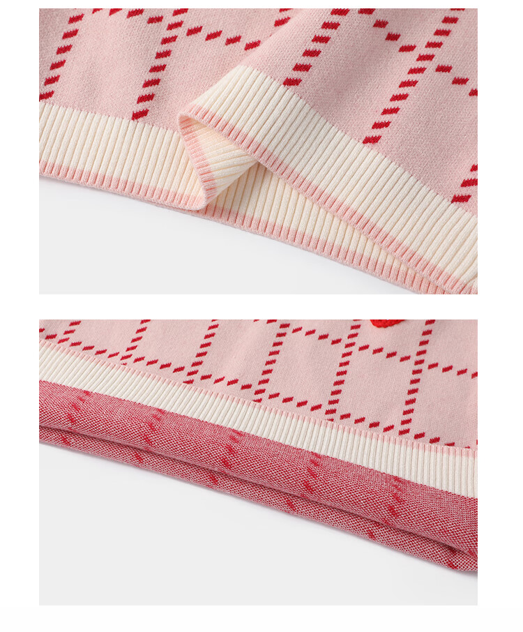 QQ DUCK Children's Clothing, Girls' Sweater Vest, Big Kids' Waistcoat, Knitted Sweater, Strawberry Plaid, Pink; 120 17