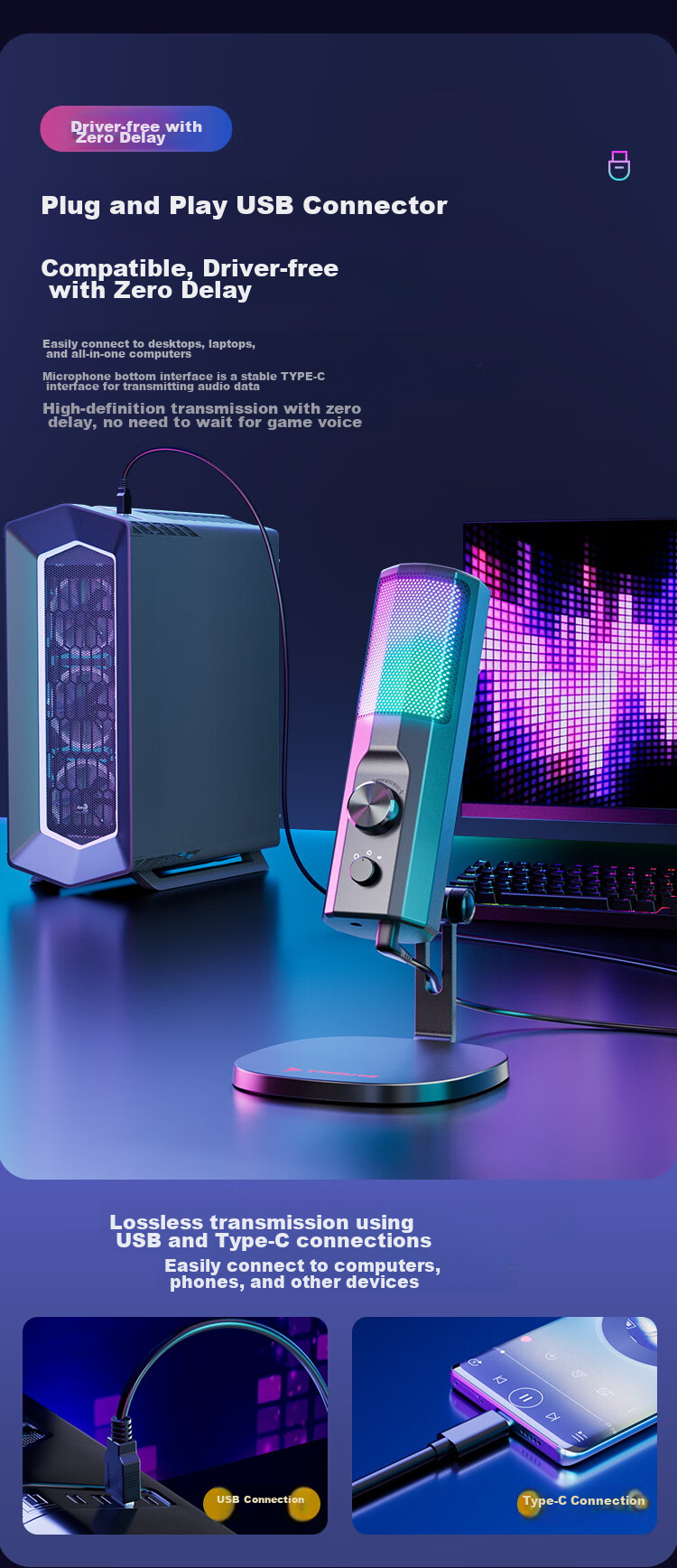 Taidu TSP201 Xingchuan F1 Computer Microphone, Desktop Microphone, USB Port, RGB Lighting Effects, Black 7