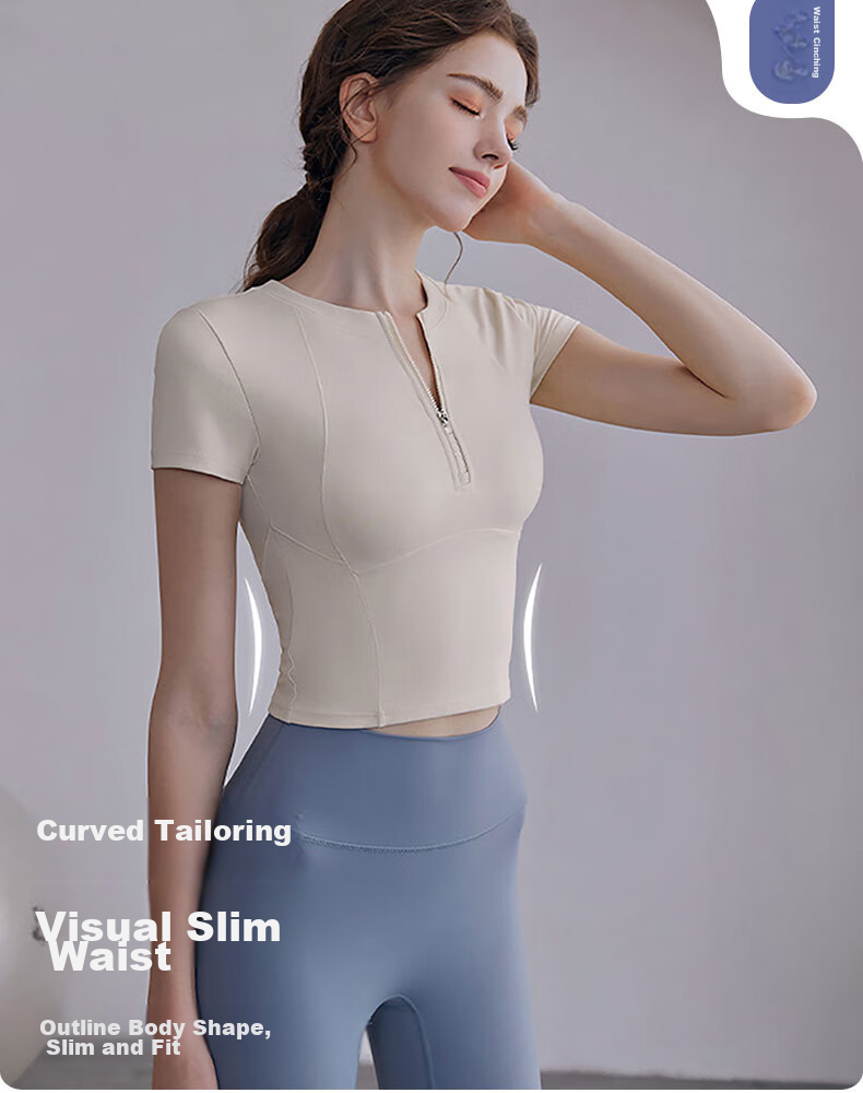 XUEXIMAN Yoga Top for Women with Chest Pads, Half-Zip Sports Quick-Dry T-Shirt Short Sleeve Professional Running Fitness Wear Summer 6