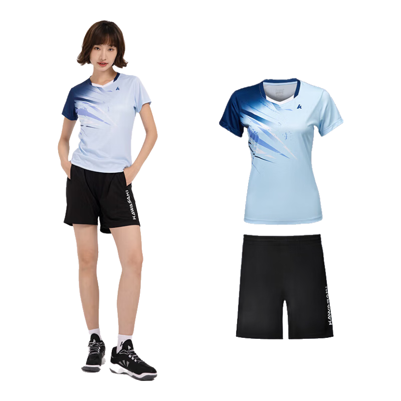 KAWASAKI Badminton Outfit for Women, Professional Sports Round Neck Short-Sleeve Top And Shorts Set B2815, Light Blue, Size S
