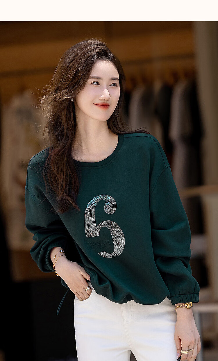 Dme [280G Air Layer] Autumn Letter Bead Embroidery Small Hoodie Women's Top, Dark Green, S 22