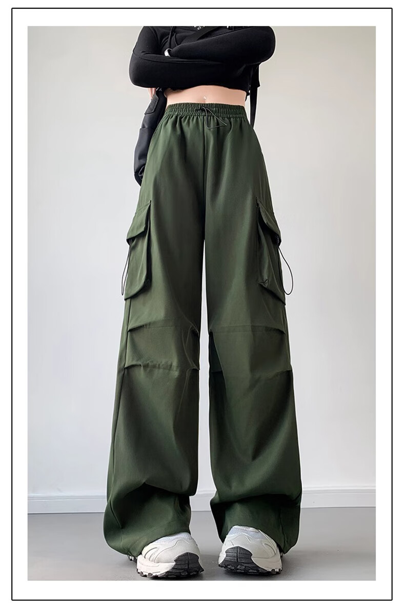 LangSha American-Style Parachute Cargo Pants for Women, Summer Ice Silk High-Waist Wide-Leg Loose Casual Quick-Dry Outdoor Sports Pants 34