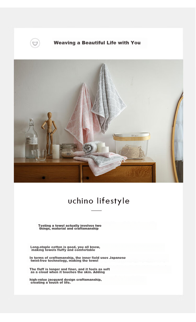 UCHINO Love Letter Towel, Twisted Jacquard Pure Cotton Soft Absorbent Face Towel for Home Use, Adult Couple Towel, 2-Pack Pink + Gray 3