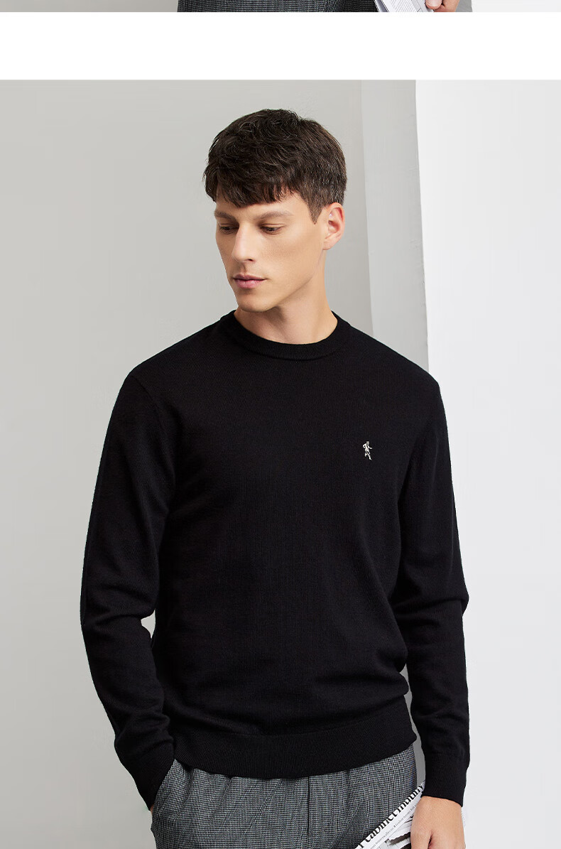 DANCING WOLVES [100% Merino Wool] Men's Fashionable Versatile Warm Casual Sweater, 001 Black, Size 165 6
