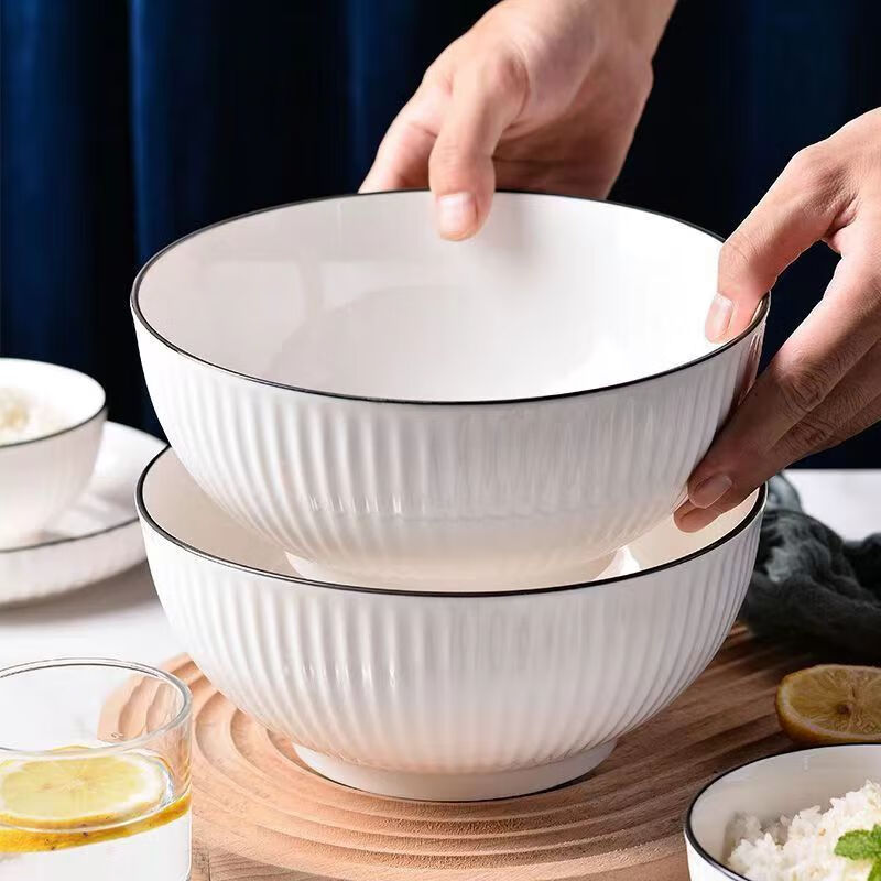 Hechuanwu Large Japanese-Style Underglaze Color 8-Inch Hara Nami Bowl for Noodles, Home Use, Set of 2, Vertical Striped Black Line