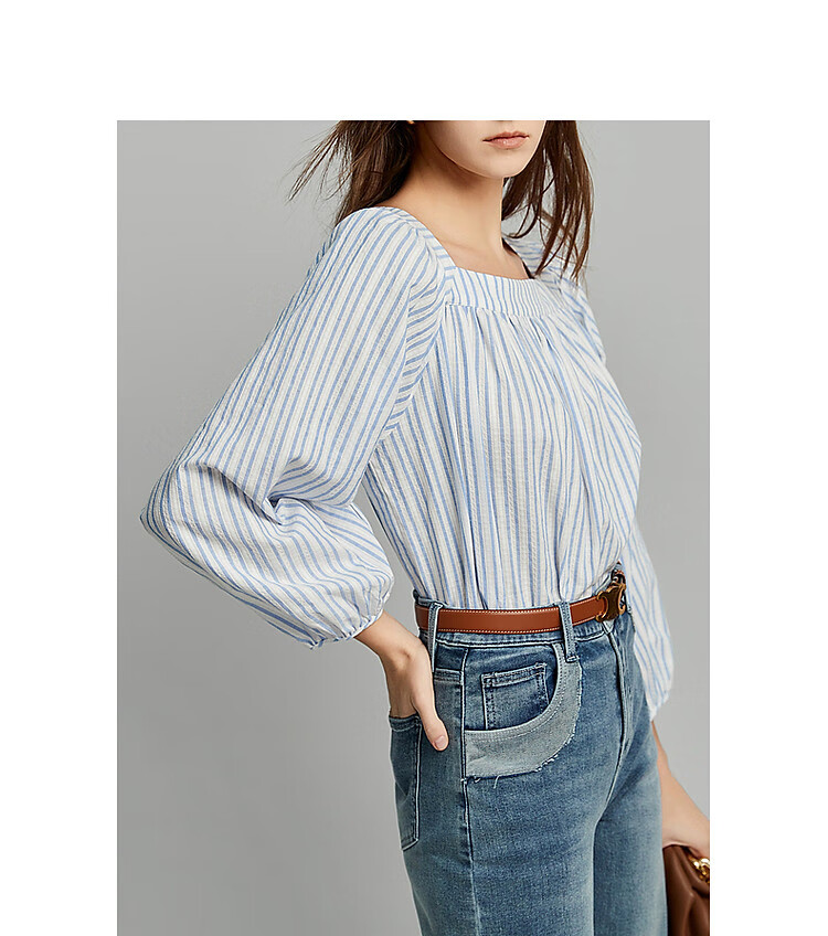 Dme [Line Game] Spring And Autumn Breathable Pure Cotton Shirt, Retro Striped Lantern Sleeves, Slimming Comfortable Blouse 3