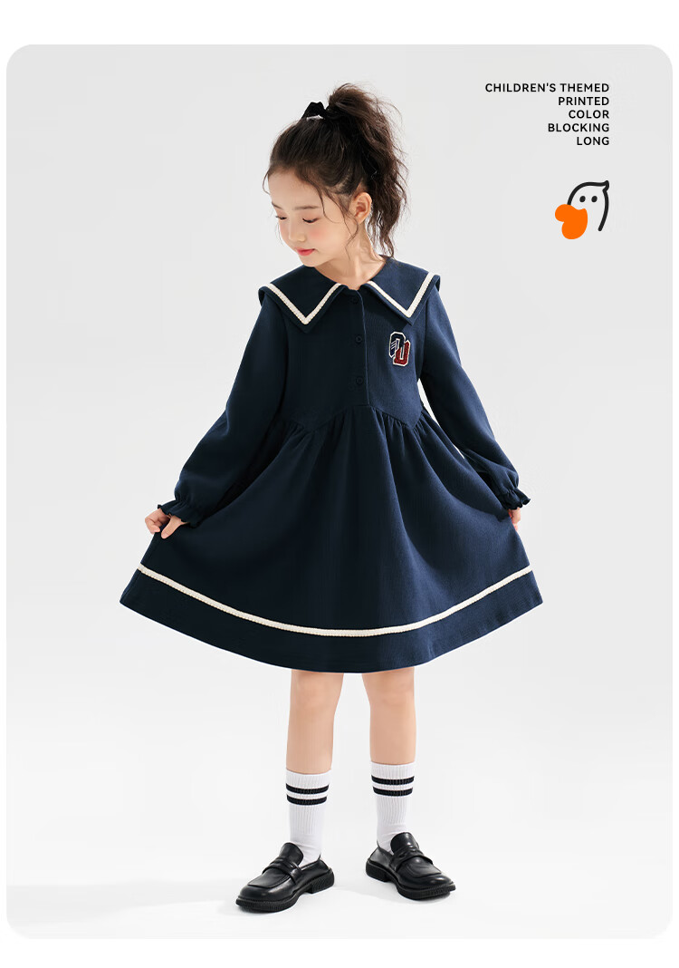 QQ DUCK Girls' Dress, Children's Preppy Style Holiday Outfit, Student JK Navy Dress, Big Kids' Clothing 4